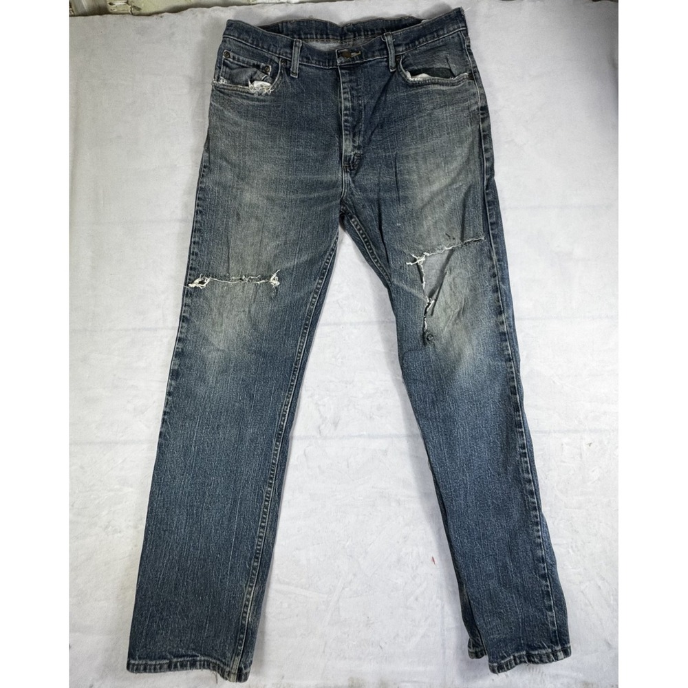 Wrangler Mens Straight Leg Jeans Blue Denim Regular Fit Distressed Outdoor 36x32
